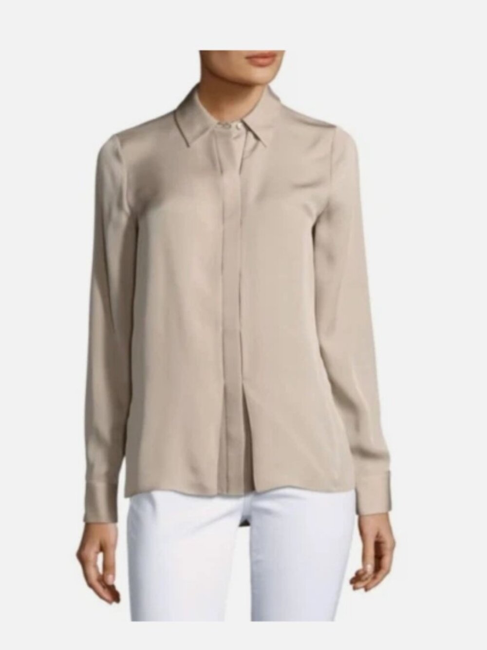 EUC VINCE Hi-Lo Silk Long Sleeve Collared Stucco Button Up Blouse 8
